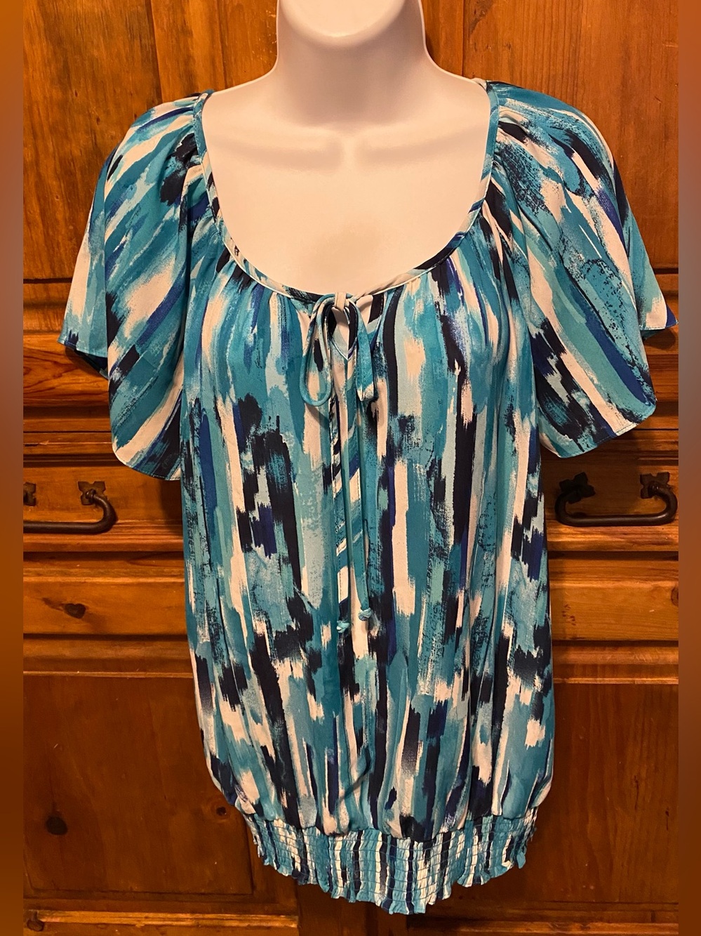 Sami & Jo Watercolor Flutter Sleeve Top Size Large boho chic peasant teal color